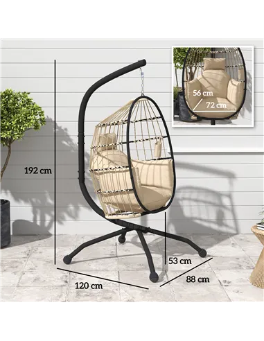 Outsunny Hanging Egg Chair Outdoor Indoor Garden Swing Chair with Folding Basket and Thickened Cushion, Garden Hanging Chair wit