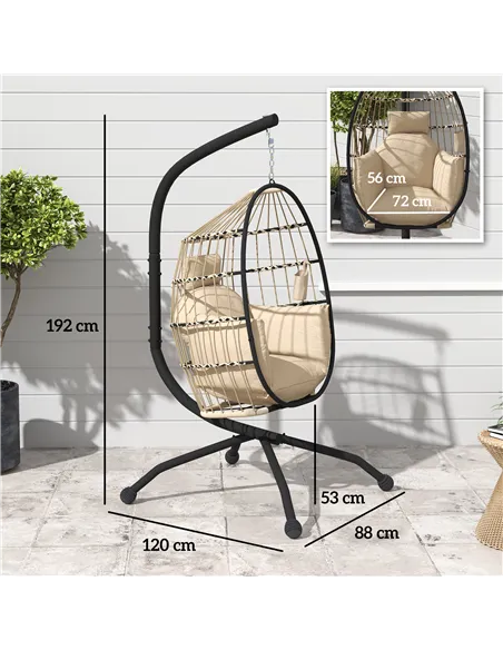 Outsunny Hanging Egg Chair Outdoor Indoor Garden Swing Chair with Folding Basket and Thickened Cushion, Garden Hanging Chair wit