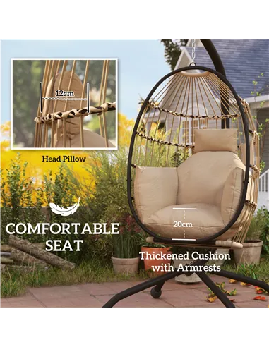 Outsunny Hanging Egg Chair Outdoor Indoor Garden Swing Chair with Folding Basket and Thickened Cushion, Garden Hanging Chair wit