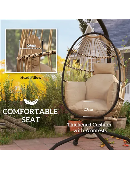 Outsunny Hanging Egg Chair Outdoor Indoor Garden Swing Chair with Folding Basket and Thickened Cushion, Garden Hanging Chair wit