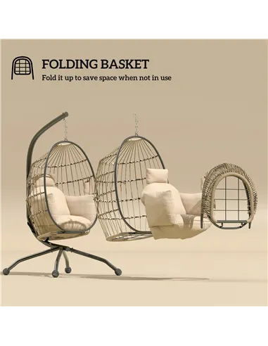 Outsunny Hanging Egg Chair Outdoor Indoor Garden Swing Chair with Folding Basket and Thickened Cushion, Garden Hanging Chair wit