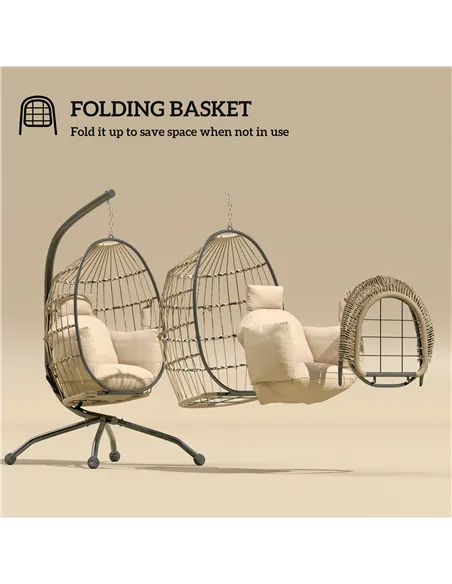 Outsunny Hanging Egg Chair Outdoor Indoor Garden Swing Chair with Folding Basket and Thickened Cushion, Garden Hanging Chair wit