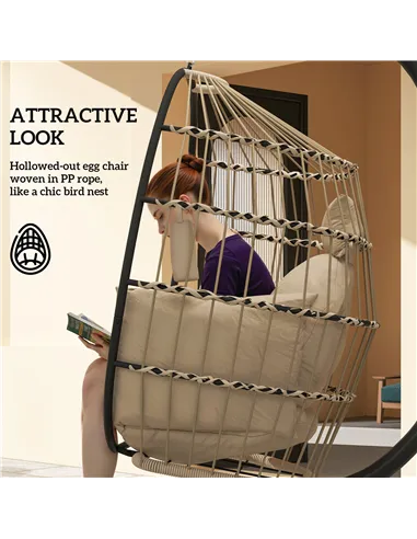 Outsunny Hanging Egg Chair Outdoor Indoor Garden Swing Chair with Folding Basket and Thickened Cushion, Garden Hanging Chair wit