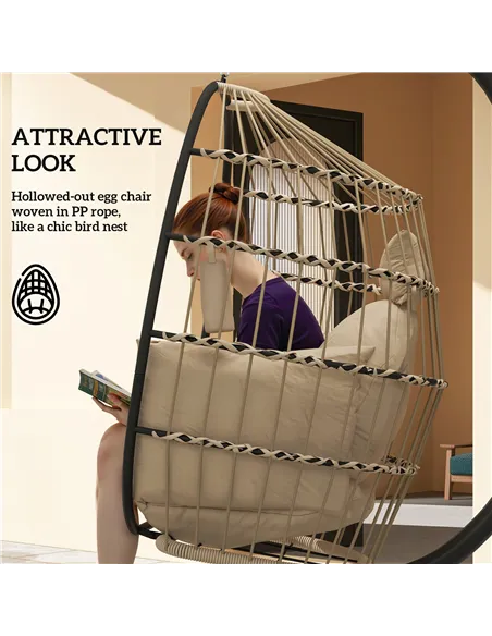 Outsunny Hanging Egg Chair Outdoor Indoor Garden Swing Chair with Folding Basket and Thickened Cushion, Garden Hanging Chair wit