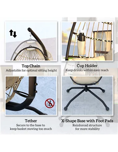 Outsunny Hanging Egg Chair Outdoor Indoor Garden Swing Chair with Folding Basket and Thickened Cushion, Garden Hanging Chair wit