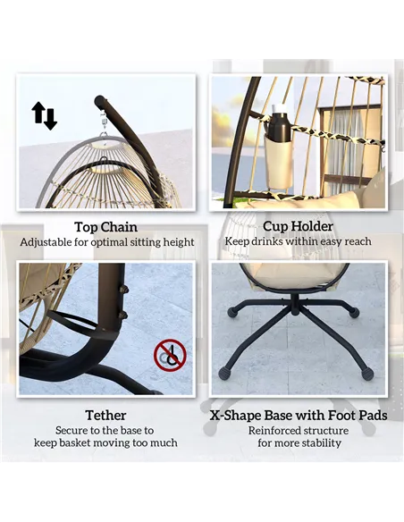 Outsunny Hanging Egg Chair Outdoor Indoor Garden Swing Chair with Folding Basket and Thickened Cushion, Garden Hanging Chair wit