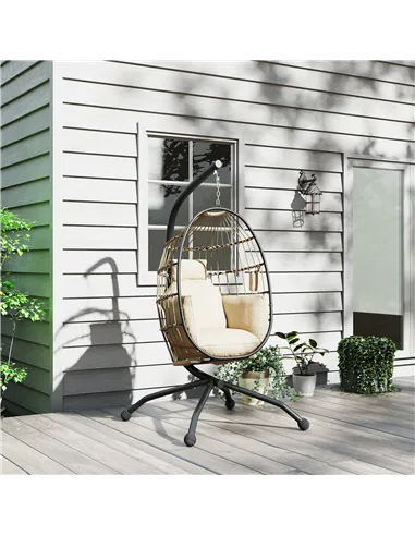Outsunny Hanging Egg Chair Outdoor Indoor Garden Swing Chair with Folding Basket and Thickened Cushion, Garden Hanging Chair wit