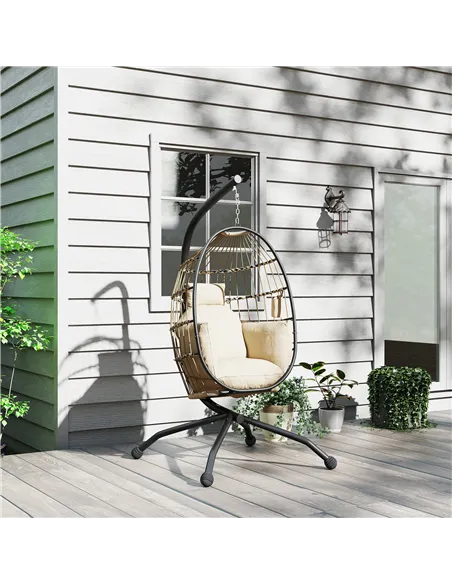 Outsunny Hanging Egg Chair Outdoor Indoor Garden Swing Chair with Folding Basket and Thickened Cushion, Garden Hanging Chair wit