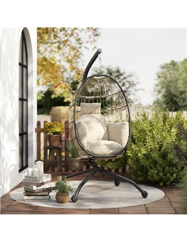 Outsunny Hanging Egg Chair Outdoor Indoor Garden Swing Chair with Folding Basket and Thickened Cushion, Garden Hanging Chair wit