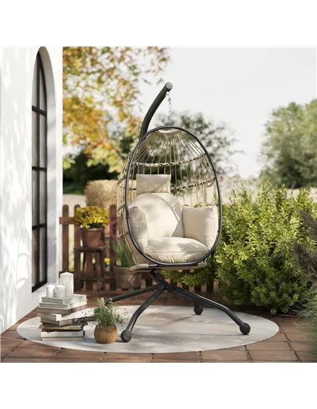 Outsunny Hanging Egg Chair Outdoor Indoor Garden Swing Chair with Folding Basket and Thickened Cushion, Garden Hanging Chair wit