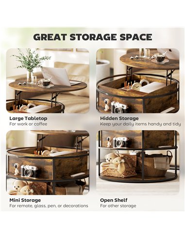 HOMCOM Lift Top Coffee Table, Round Coffee Table with Storage Shelf, Hidden Compartment and Steel Frame for Living Room, Home Of