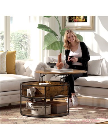 HOMCOM Lift Top Coffee Table, Round Coffee Table with Storage Shelf, Hidden Compartment and Steel Frame for Living Room, Home Of