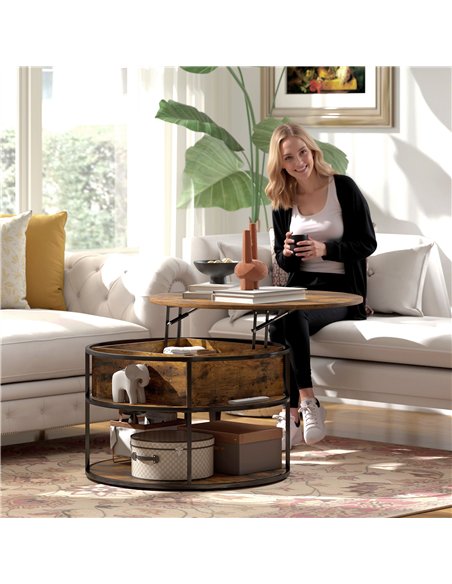 HOMCOM Lift Top Coffee Table, Round Coffee Table with Storage Shelf, Hidden Compartment and Steel Frame for Living Room, Home Of
