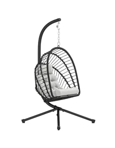 Outsunny Outdoor PE Rattan Swing Chair with Foldable Basket and Cushion, Garden Patio Hanging Egg Chair with Metal Stand, Headre