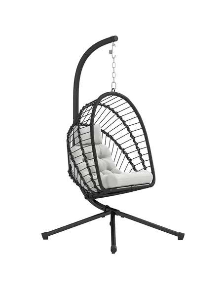 Outsunny Outdoor PE Rattan Swing Chair with Foldable Basket and Cushion, Garden Patio Hanging Egg Chair with Metal Stand, Headre
