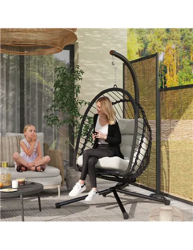 Outsunny Outdoor PE Rattan Swing Chair with Foldable Basket and Cushion, Garden Patio Hanging Egg Chair with Metal Stand, Headre