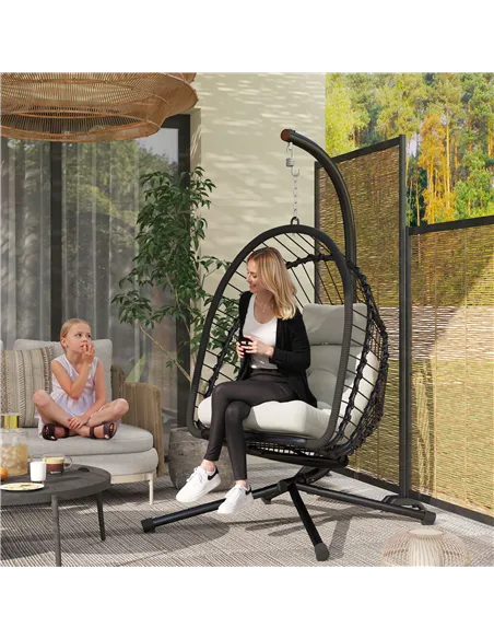 Outsunny Outdoor PE Rattan Swing Chair with Foldable Basket and Cushion, Garden Patio Hanging Egg Chair with Metal Stand, Headre
