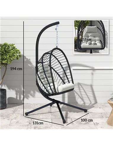 Outsunny Outdoor PE Rattan Swing Chair with Foldable Basket and Cushion, Garden Patio Hanging Egg Chair with Metal Stand, Headre