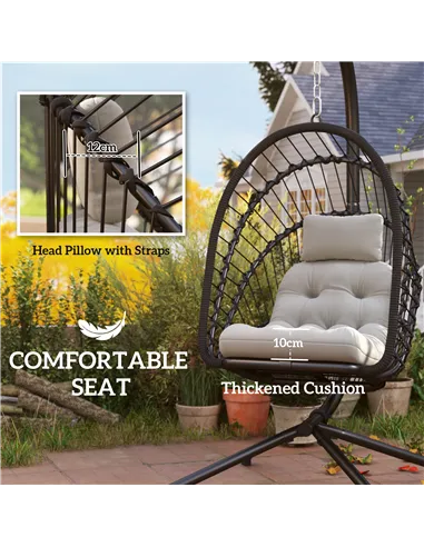 Outsunny Outdoor PE Rattan Swing Chair with Foldable Basket and Cushion, Garden Patio Hanging Egg Chair with Metal Stand, Headre