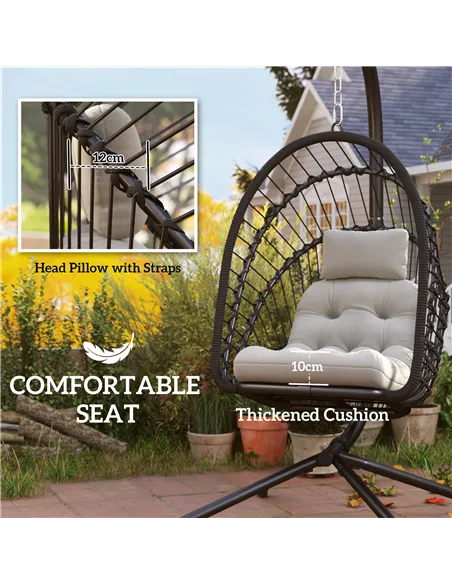 Outsunny Outdoor PE Rattan Swing Chair with Foldable Basket and Cushion, Garden Patio Hanging Egg Chair with Metal Stand, Headre