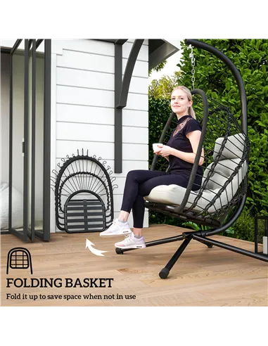 Outsunny Outdoor PE Rattan Swing Chair with Foldable Basket and Cushion, Garden Patio Hanging Egg Chair with Metal Stand, Headre