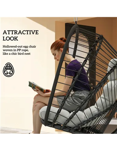 Outsunny Outdoor PE Rattan Swing Chair with Foldable Basket and Cushion, Garden Patio Hanging Egg Chair with Metal Stand, Headre