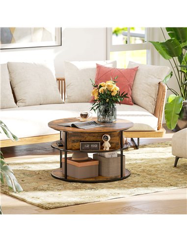 HOMCOM Lift Top Coffee Table, Round Coffee Table with Storage Shelf, Hidden Compartment and Steel Frame for Living Room, Home Of