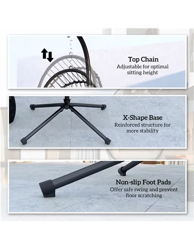 Outsunny Outdoor PE Rattan Swing Chair with Foldable Basket and Cushion, Garden Patio Hanging Egg Chair with Metal Stand, Headre