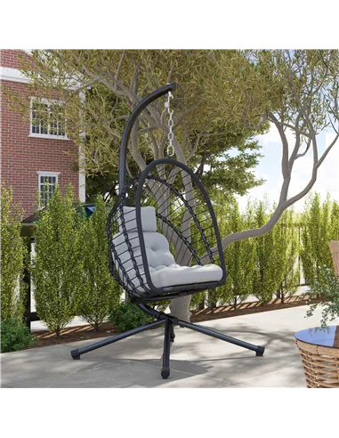 Outsunny Outdoor PE Rattan Swing Chair with Foldable Basket and Cushion, Garden Patio Hanging Egg Chair with Metal Stand, Headre