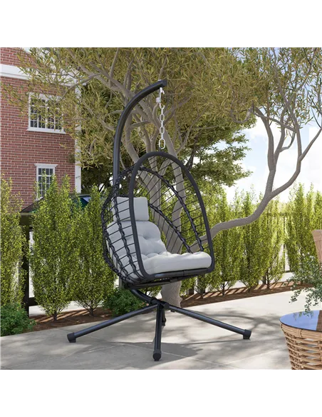 Outsunny Outdoor PE Rattan Swing Chair with Foldable Basket and Cushion, Garden Patio Hanging Egg Chair with Metal Stand, Headre