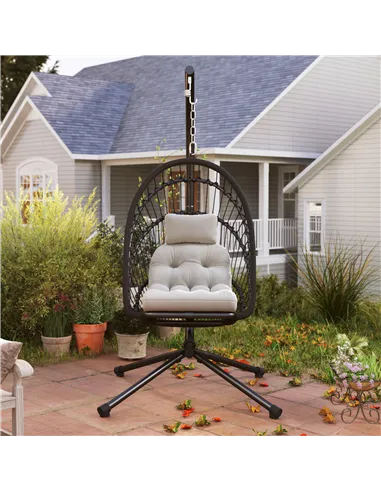 Outsunny Outdoor PE Rattan Swing Chair with Foldable Basket and Cushion, Garden Patio Hanging Egg Chair with Metal Stand, Headre
