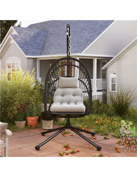Outsunny Outdoor PE Rattan Swing Chair with Foldable Basket and Cushion, Garden Patio Hanging Egg Chair with Metal Stand, Headre