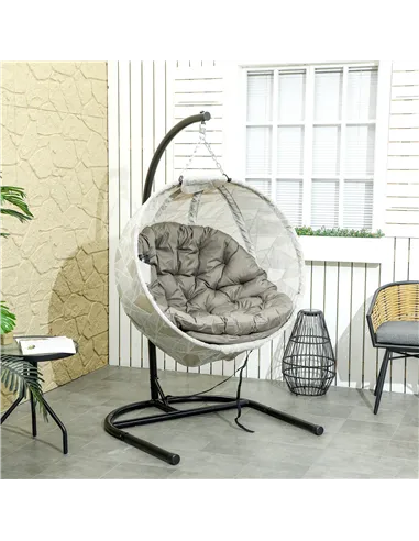 Outsunny Hanging Egg Chair Outdoor Indoor Garden Swing Chair with Folding Basket, Garden Hanging Chair with Stand, Thickened Cus