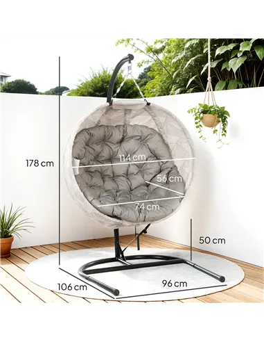 Outsunny Hanging Egg Chair Outdoor Indoor Garden Swing Chair with Folding Basket, Garden Hanging Chair with Stand, Thickened Cus