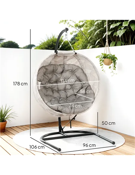 Outsunny Hanging Egg Chair Outdoor Indoor Garden Swing Chair with Folding Basket, Garden Hanging Chair with Stand, Thickened Cus