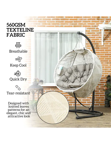 Outsunny Hanging Egg Chair Outdoor Indoor Garden Swing Chair with Folding Basket, Garden Hanging Chair with Stand, Thickened Cus