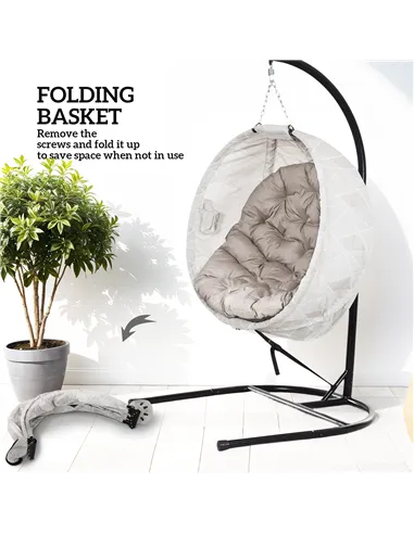 Outsunny Hanging Egg Chair Outdoor Indoor Garden Swing Chair with Folding Basket, Garden Hanging Chair with Stand, Thickened Cus