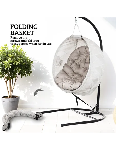 Outsunny Hanging Egg Chair Outdoor Indoor Garden Swing Chair with Folding Basket, Garden Hanging Chair with Stand, Thickened Cus