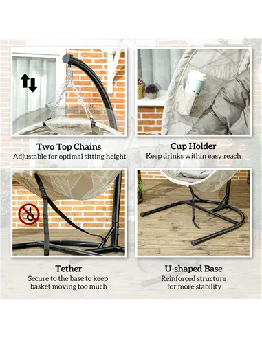 Outsunny Hanging Egg Chair Outdoor Indoor Garden Swing Chair with Folding Basket, Garden Hanging Chair with Stand, Thickened Cus