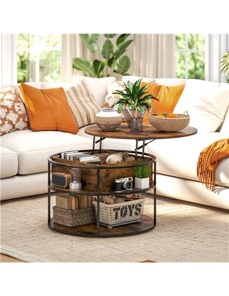 HOMCOM Lift Top Coffee Table, Round Coffee Table with Storage Shelf, Hidden Compartment and Steel Frame for Living Room, Home Of