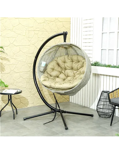 Outsunny Hanging Egg Chair Outdoor Indoor Garden Swing Chair with Folding Basket, Garden Hanging Chair with Stand, Thickened Cus