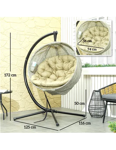 Outsunny Hanging Egg Chair Outdoor Indoor Garden Swing Chair with Folding Basket, Garden Hanging Chair with Stand, Thickened Cus