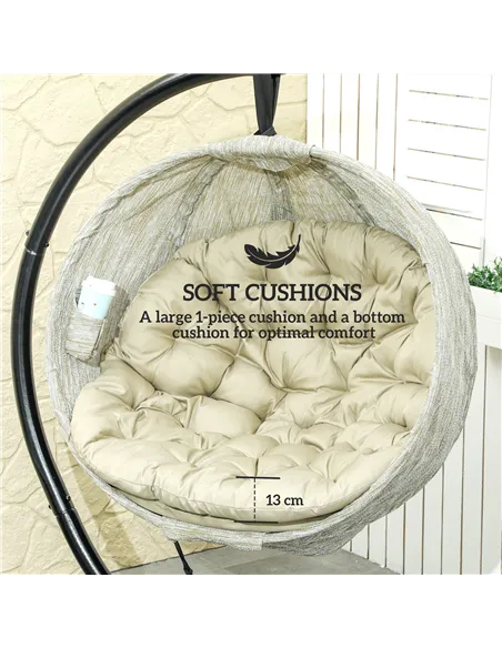Outsunny Hanging Egg Chair Outdoor Indoor Garden Swing Chair with Folding Basket, Garden Hanging Chair with Stand, Thickened Cus