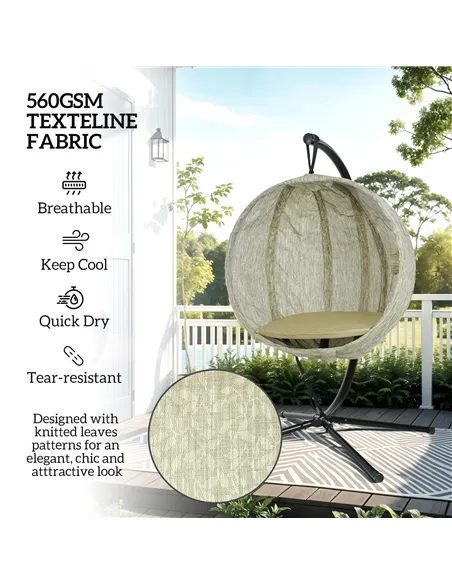 Outsunny Hanging Egg Chair Outdoor Indoor Garden Swing Chair with Folding Basket, Garden Hanging Chair with Stand, Thickened Cus