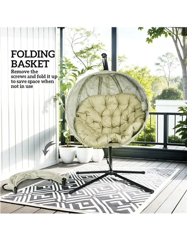 Outsunny Hanging Egg Chair Outdoor Indoor Garden Swing Chair with Folding Basket, Garden Hanging Chair with Stand, Thickened Cus