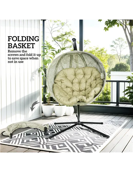 Outsunny Hanging Egg Chair Outdoor Indoor Garden Swing Chair with Folding Basket, Garden Hanging Chair with Stand, Thickened Cus