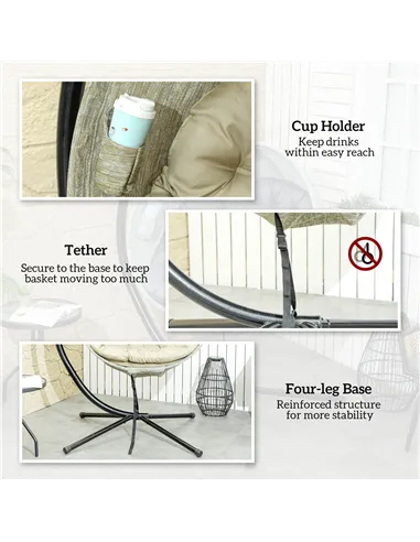 Outsunny Hanging Egg Chair Outdoor Indoor Garden Swing Chair with Folding Basket, Garden Hanging Chair with Stand, Thickened Cus