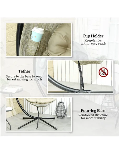 Outsunny Hanging Egg Chair Outdoor Indoor Garden Swing Chair with Folding Basket, Garden Hanging Chair with Stand, Thickened Cus