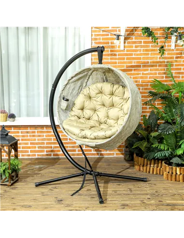 Outsunny Hanging Egg Chair Outdoor Indoor Garden Swing Chair with Folding Basket, Garden Hanging Chair with Stand, Thickened Cus