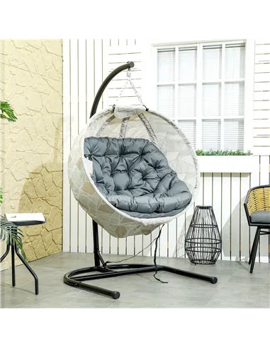 Outsunny Hanging Egg Chair Outdoor Indoor Garden Swing Chair with Folding Basket, Garden Hanging Chair with Stand, Thickened Cus